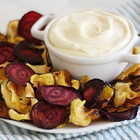 Baked Veggie Chips with Curried Yogurt Dip